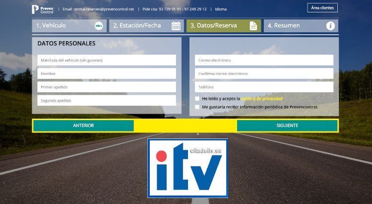 Cita Previa ITV Preven Control : Paso 4, rellenar formulario con datos personales
